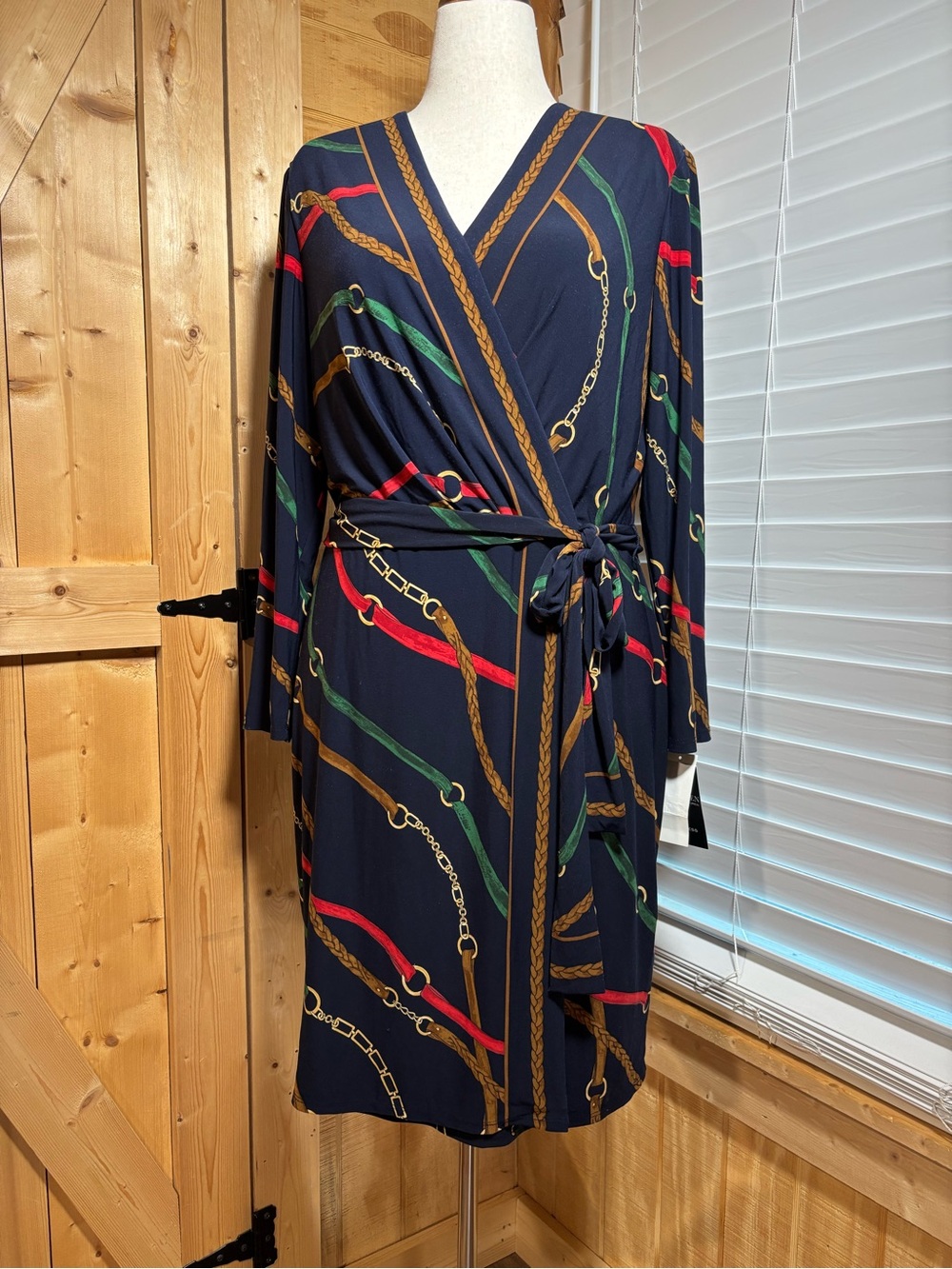 Ralph Lauren Navy Wrap Dress with Red, Green and Gold Chain Print
